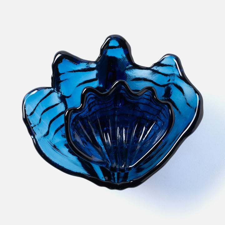 Coralie Dark Sapphire Clam Shell Snack Bowls Hand Pressed Glass Set/2