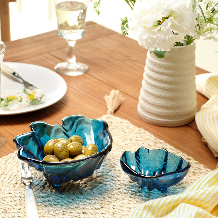 Coralie Dark Sapphire Clam Shell Snack Bowls Hand Pressed Glass Set/2