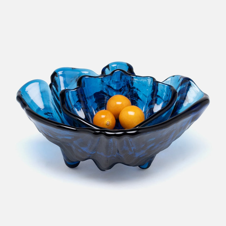 Coralie Dark Sapphire Clam Shell Snack Bowls Hand Pressed Glass Set/2