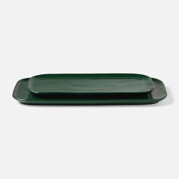 Marcus Dark Green Salt Glaze Rectangular Serving Platter Stoneware Set/2