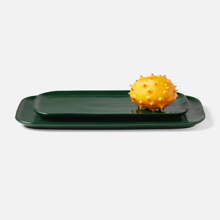 Marcus Dark Green Salt Glaze Rectangular Serving Platter Stoneware Set/2