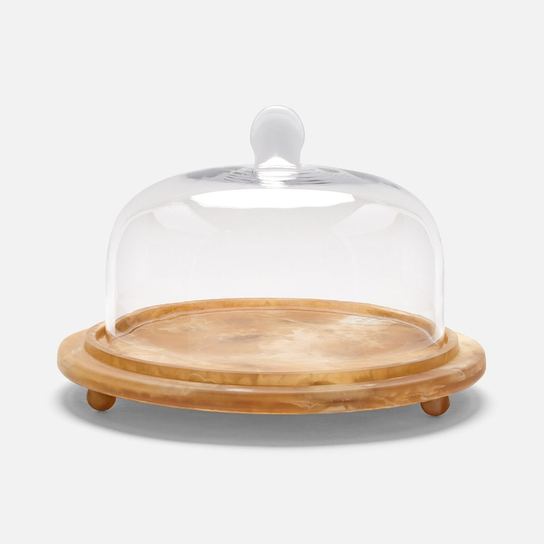 Marlee Amber Swirled/Clear Round Cheese Platter W/ Cloche Large Resin/Glass