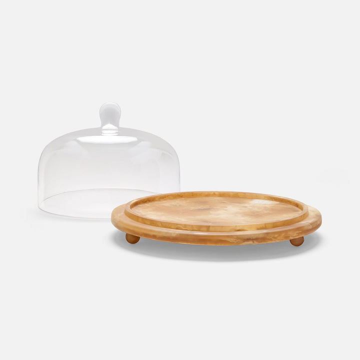 Marlee Amber Swirled/Clear Round Cheese Platter W/ Cloche Large Resin/Glass