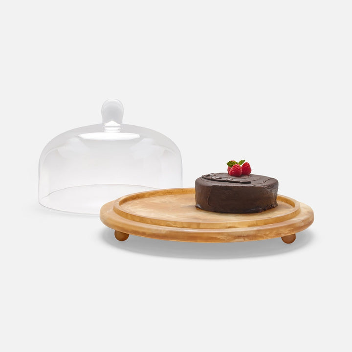 Marlee Amber Swirled/Clear Round Cheese Platter W/ Cloche Large Resin/Glass