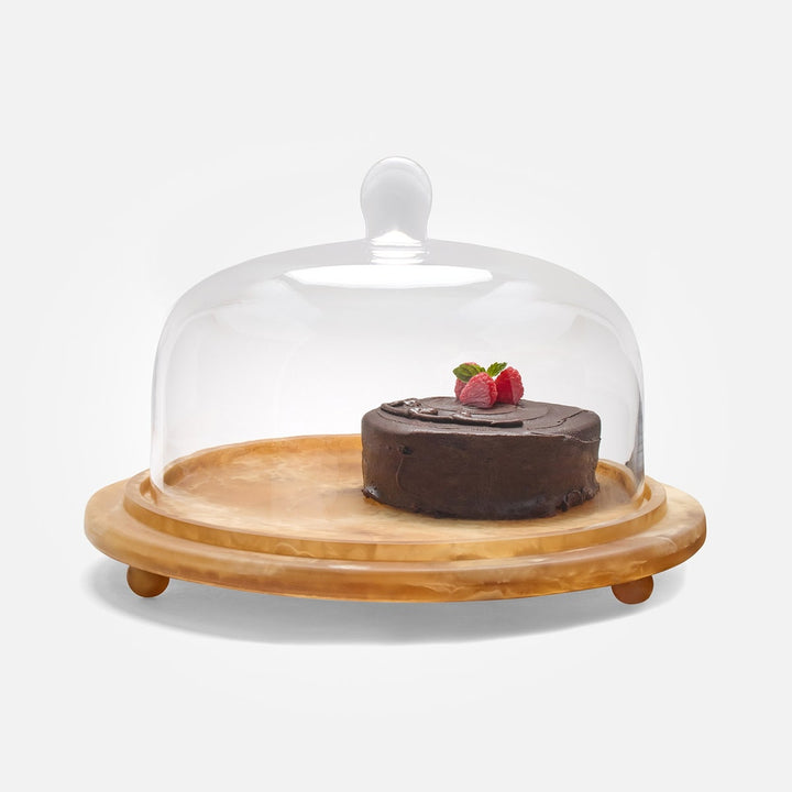 Marlee Amber Swirled/Clear Round Cheese Platter W/ Cloche Large Resin/Glass