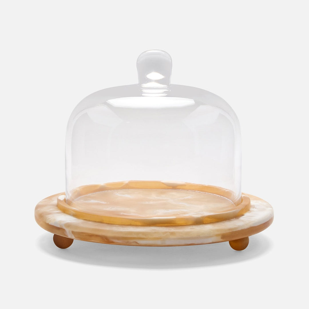 Marlee Amber Swirled/Clear Round Cheese Platter W/ Cloche Small Resin/Glass
