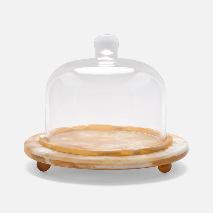 Marlee Amber Swirled/Clear Round Cheese Platter W/ Cloche Small Resin/Glass