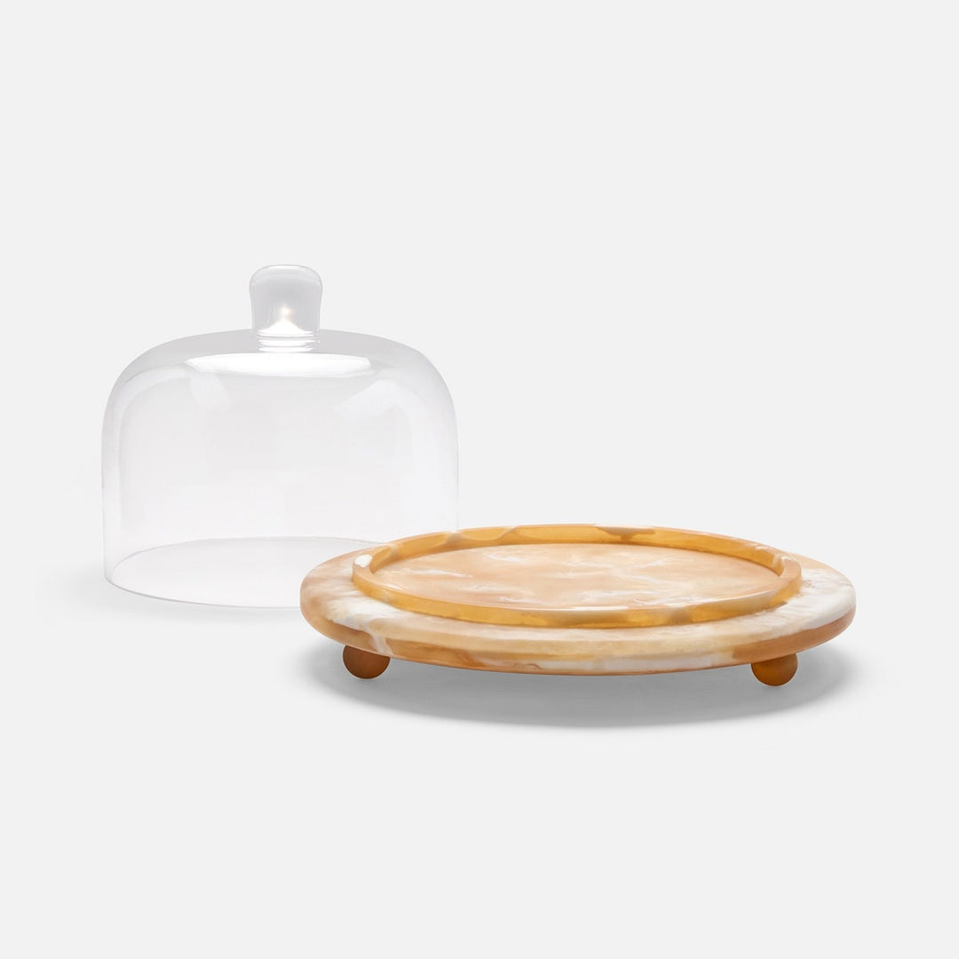 Marlee Amber Swirled/Clear Round Cheese Platter W/ Cloche Small Resin/Glass