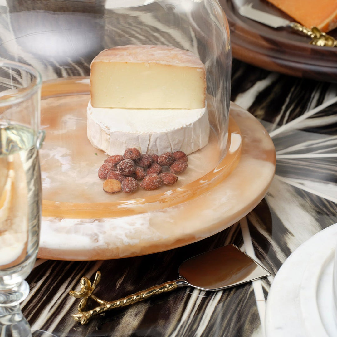 Marlee Amber Swirled/Clear Round Cheese Platter W/ Cloche Small Resin/Glass