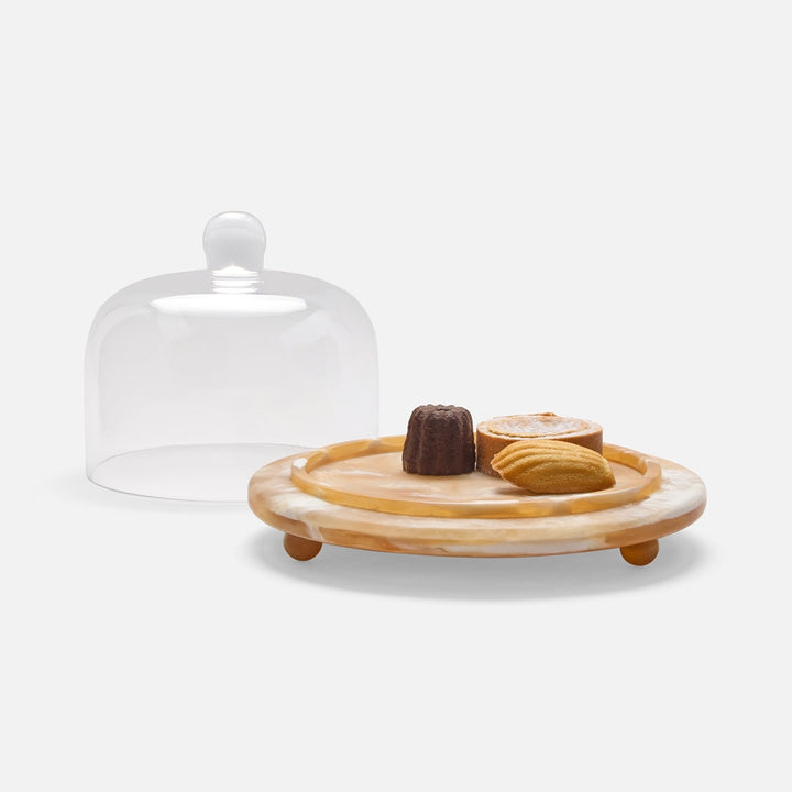 Marlee Amber Swirled/Clear Round Cheese Platter W/ Cloche Small Resin/Glass
