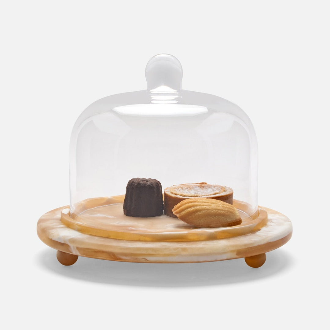 Marlee Amber Swirled/Clear Round Cheese Platter W/ Cloche Small Resin/Glass