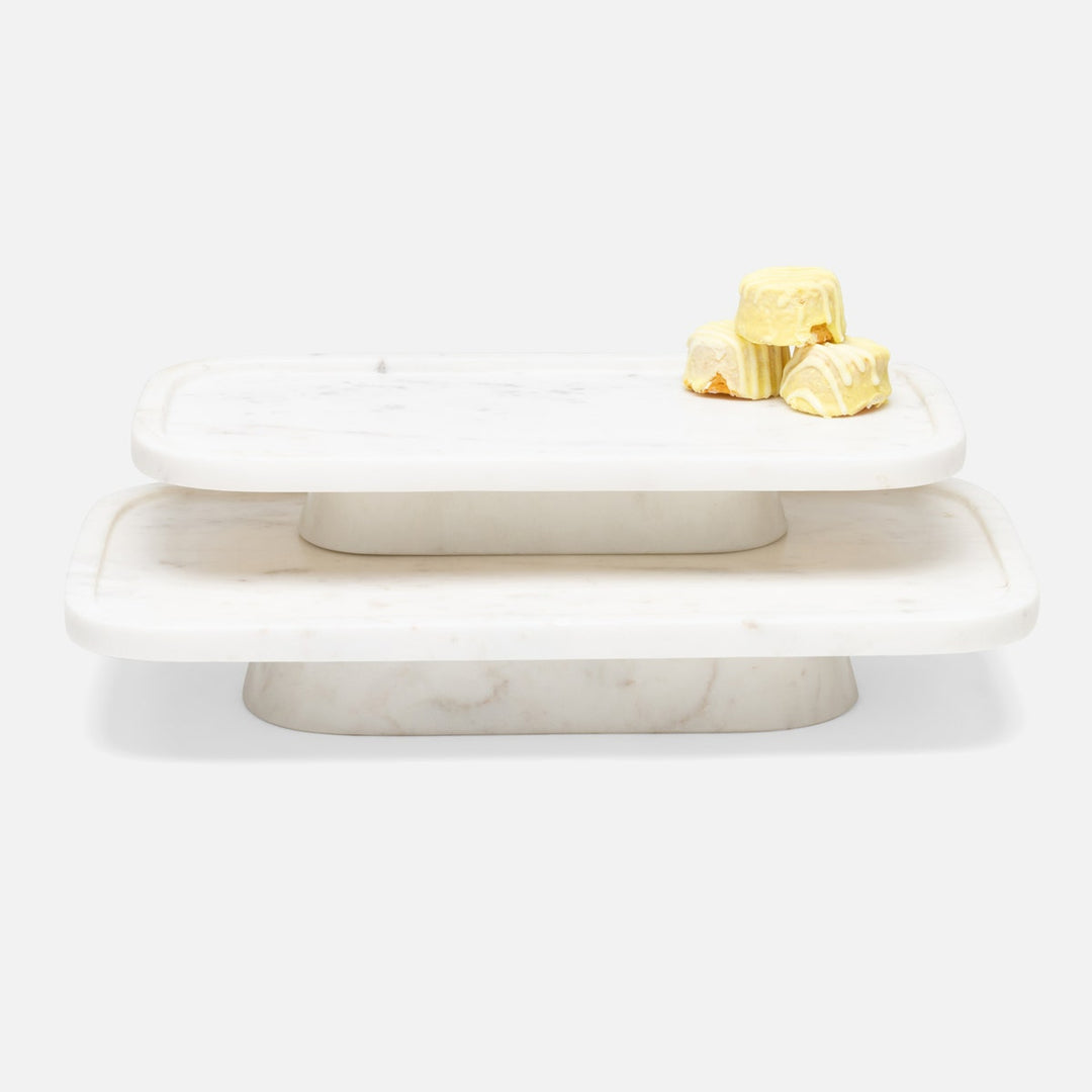 Pietro White Rectangular Serving Platters W/ Stand Marble Set/2