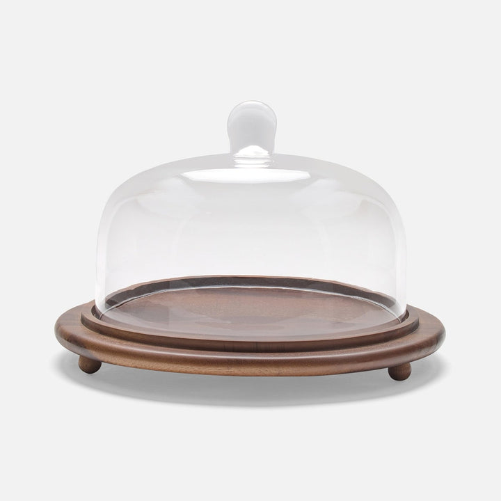 Presley Walnut/Clear Round Cheese Platter W/ Cloche Large Acacia/Glass