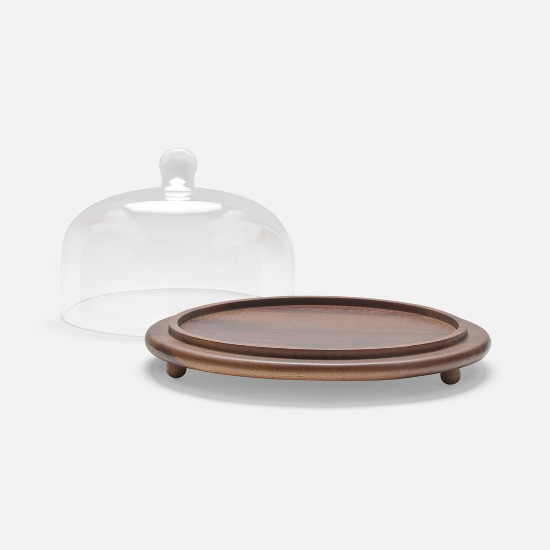 Presley Walnut/Clear Round Cheese Platter W/ Cloche Large Acacia/Glass