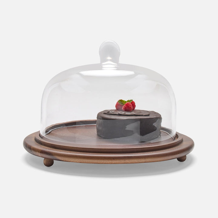 Presley Walnut/Clear Round Cheese Platter W/ Cloche Large Acacia/Glass