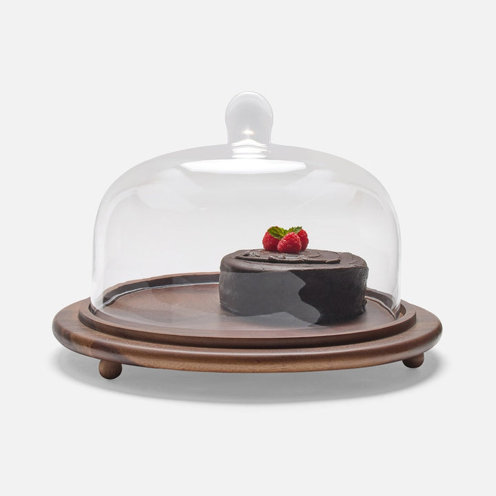 Presley Walnut/Clear Round Cheese Platter W/ Cloche Large Acacia/Glass