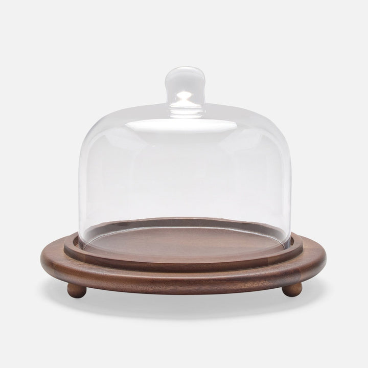 Presley Walnut/Clear Round Cheese Platter W/ Cloche Small Acacia/Glass