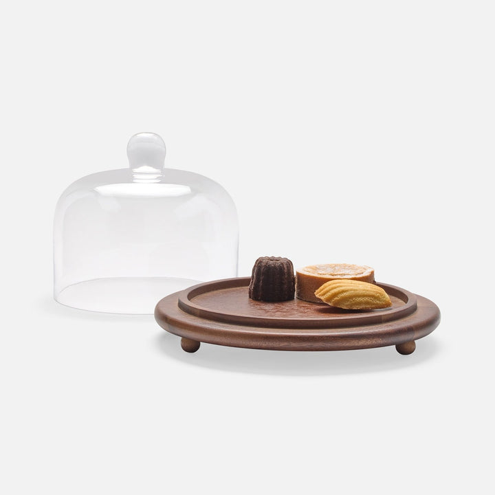Presley Walnut/Clear Round Cheese Platter W/ Cloche Small Acacia/Glass
