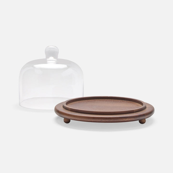 Presley Walnut/Clear Round Cheese Platter W/ Cloche Small Acacia/Glass