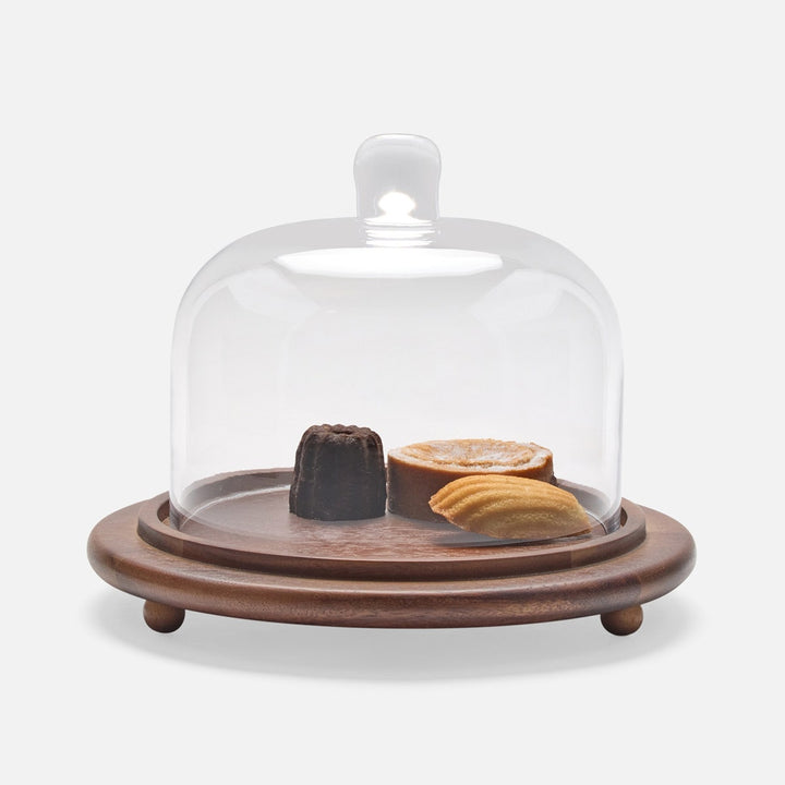Presley Walnut/Clear Round Cheese Platter W/ Cloche Small Acacia/Glass