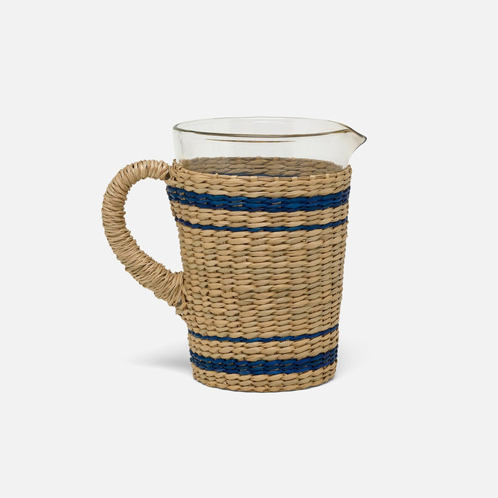 Zaley Natural/Navy Stripe Pitcher Woven Hand Blown Glass/Seagrass