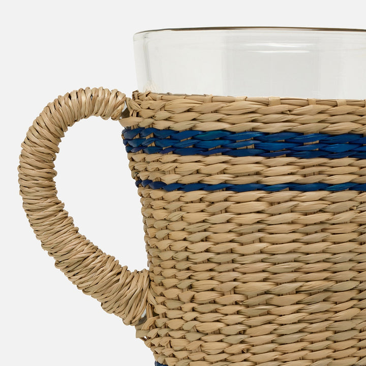 Zaley Natural/Navy Stripe Pitcher Woven Hand Blown Glass/Seagrass