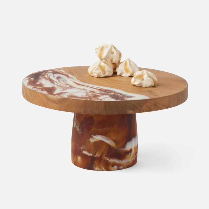 Austin Amber Swirled Cake Stand Resin/Natural Teak Large