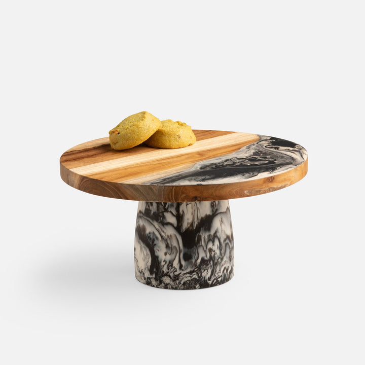 Austin Black Swirled Cake Stand Resin/Natural Teak Large