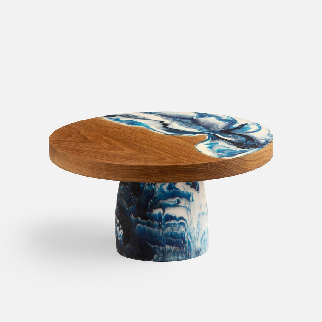 Austin Blue Swirled Cake Stand Resin/Natural Teak Large