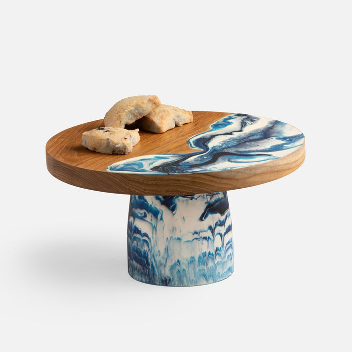 Austin Blue Swirled Cake Stand Resin/Natural Teak Large