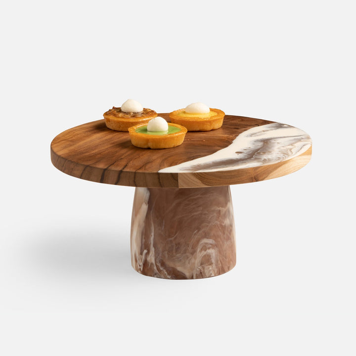Austin Brown Swirled Cake Stand Resin/Natural Teak Large