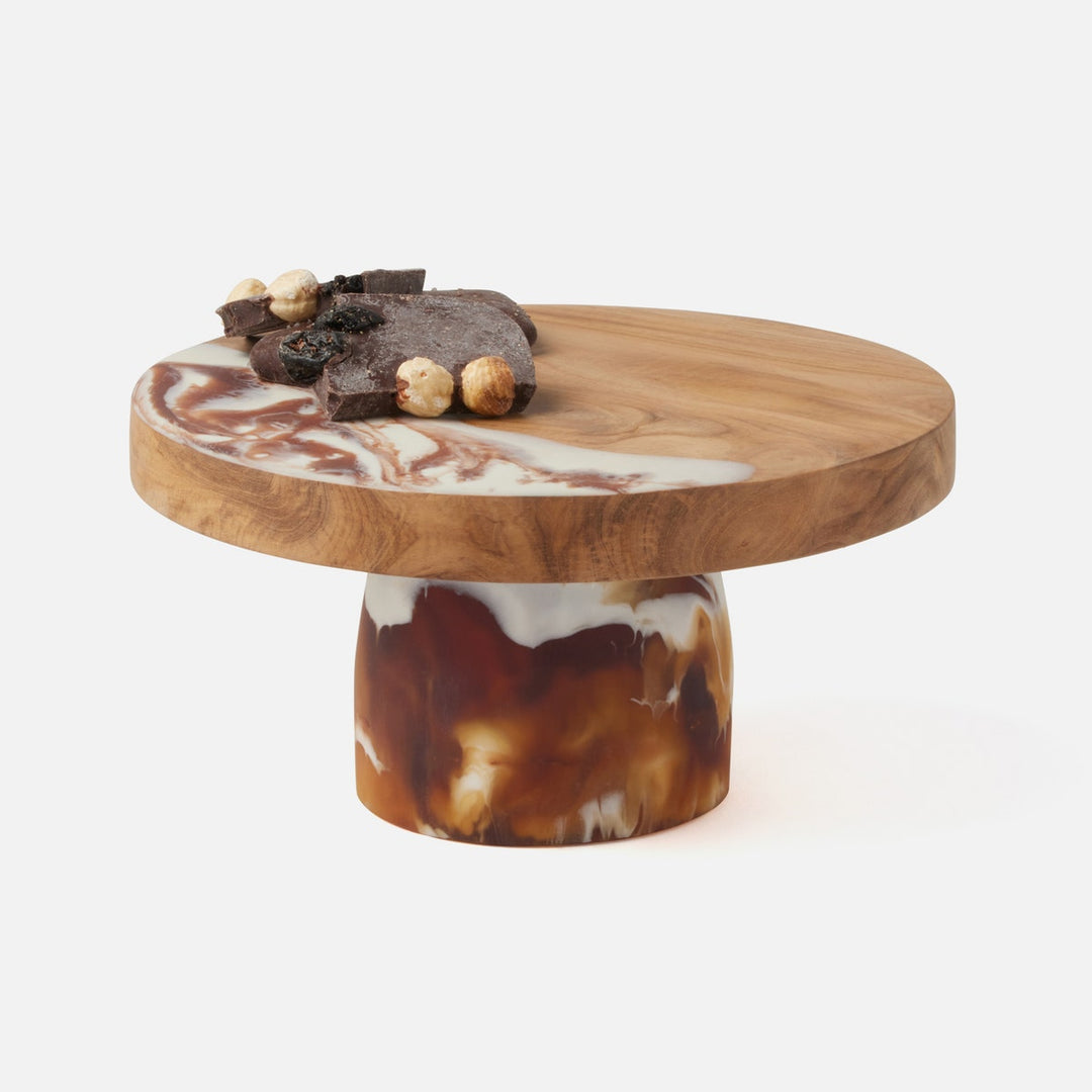 Austin Amber Swirled Cake Stand Resin/Natural Teak Small