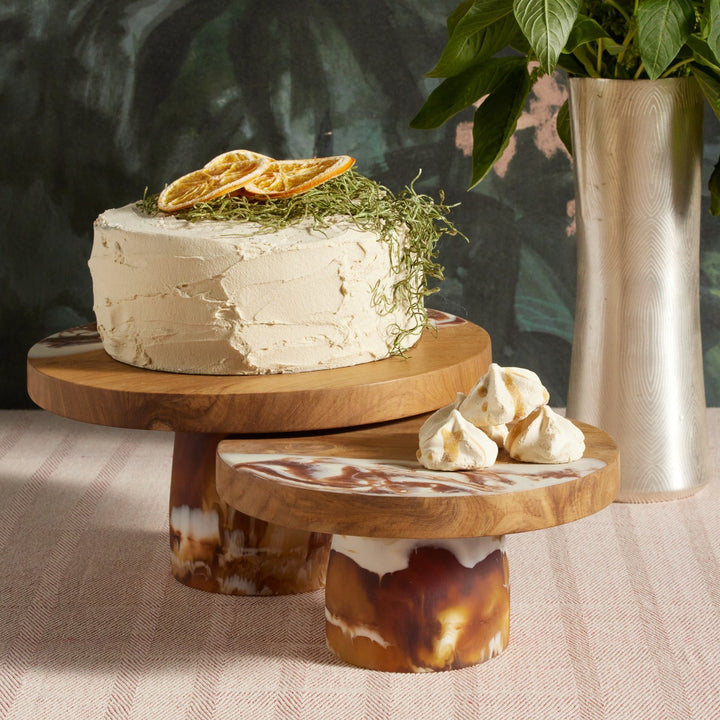 Austin Amber Swirled Cake Stand Resin/Natural Teak Small
