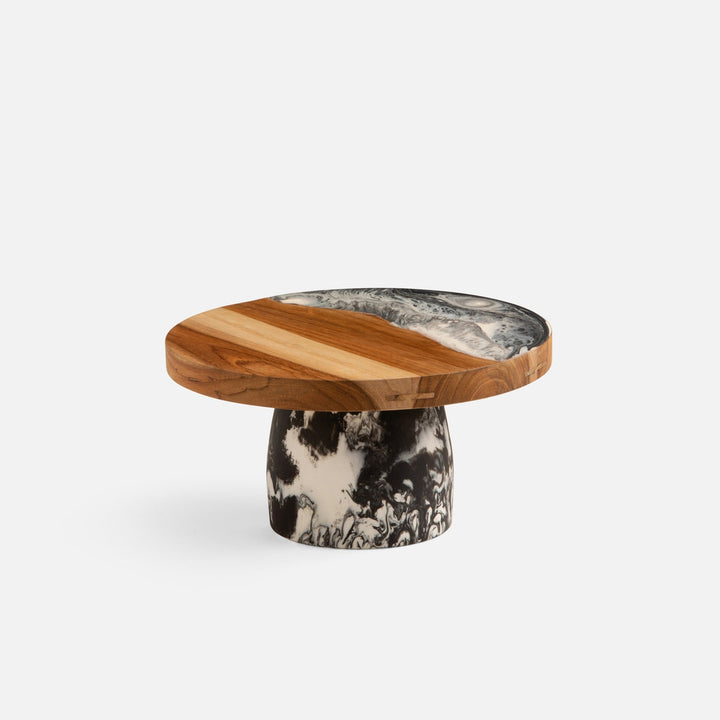 Austin Black Swirled Cake Stand Resin/Natural Teak Small