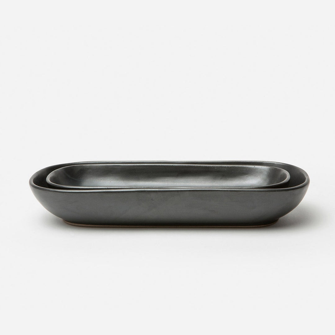 Marcus Black Glaze Oblong Shallow Serving Bowl Stoneware Set/2