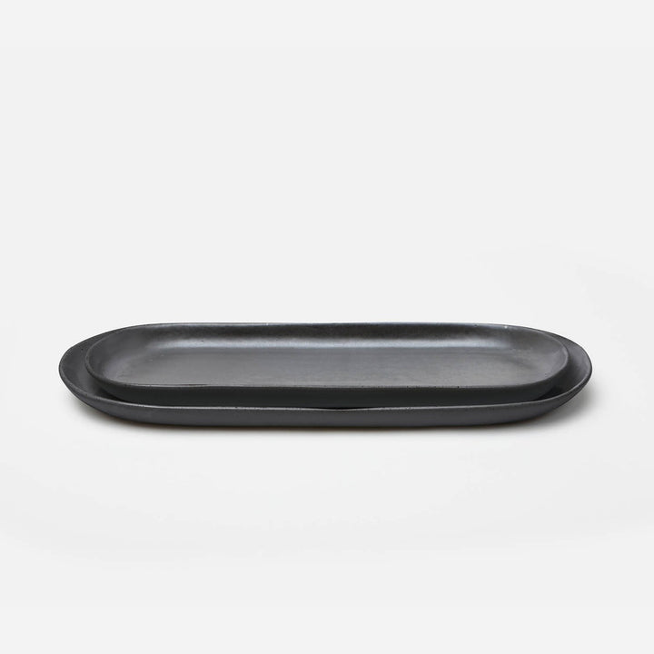 Marcus Black Glaze Oblong Shallow Serving Bowl Stoneware Set/2
