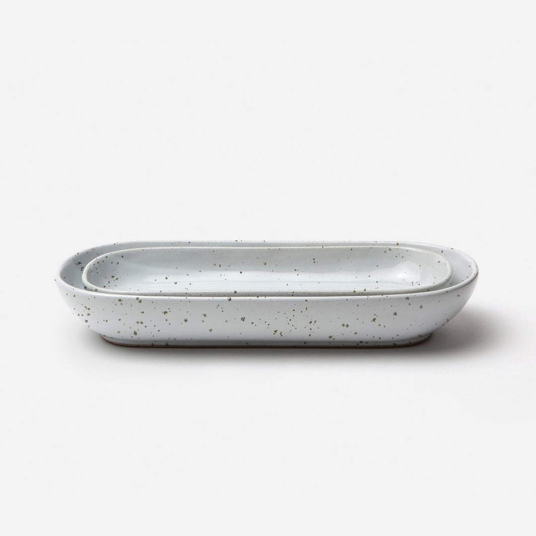 Marcus White Salt Glaze Oblong Shallow Serving Bowl Stoneware Set/2