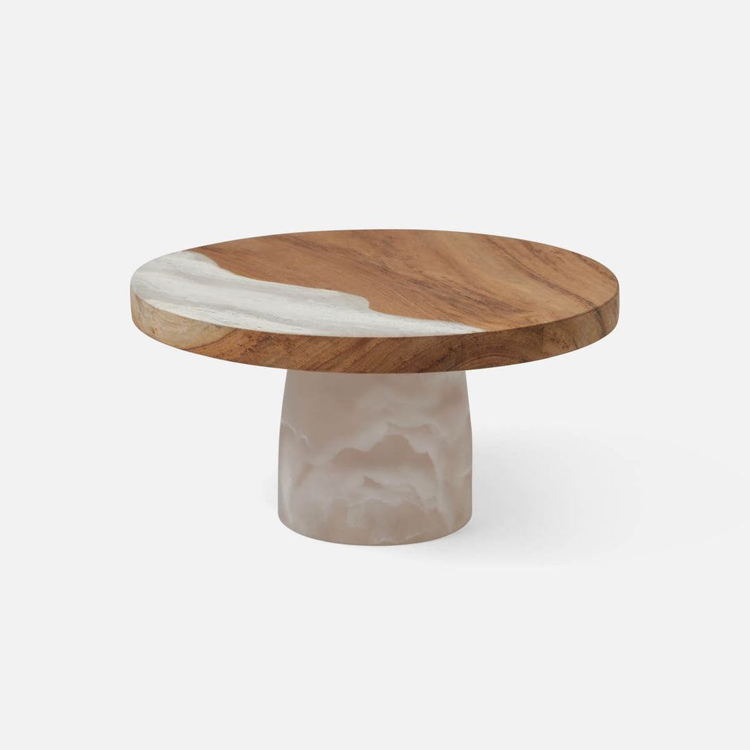 Austin White Swirled Cake Stand Resin/Natural Teak Large