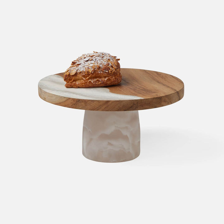 Austin White Swirled Cake Stand Resin/Natural Teak Large