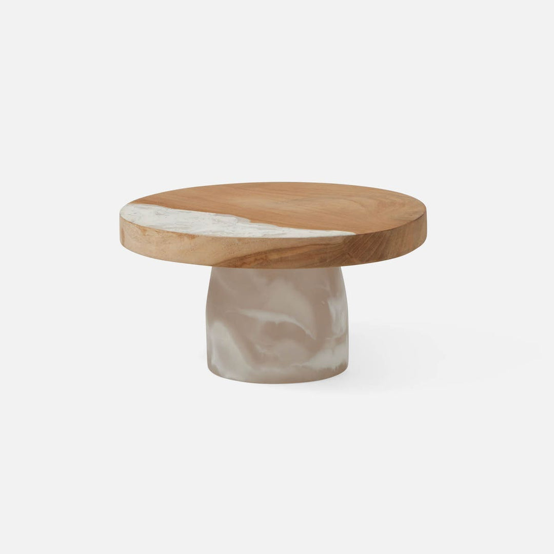 Austin White Swirled Cake Stand Resin/Natural Teak Small
