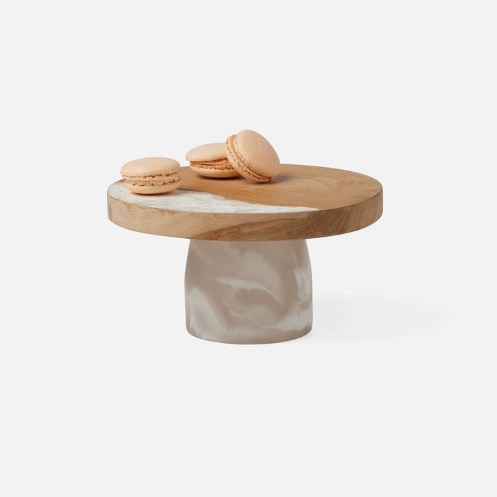 Austin White Swirled Cake Stand Resin/Natural Teak Small