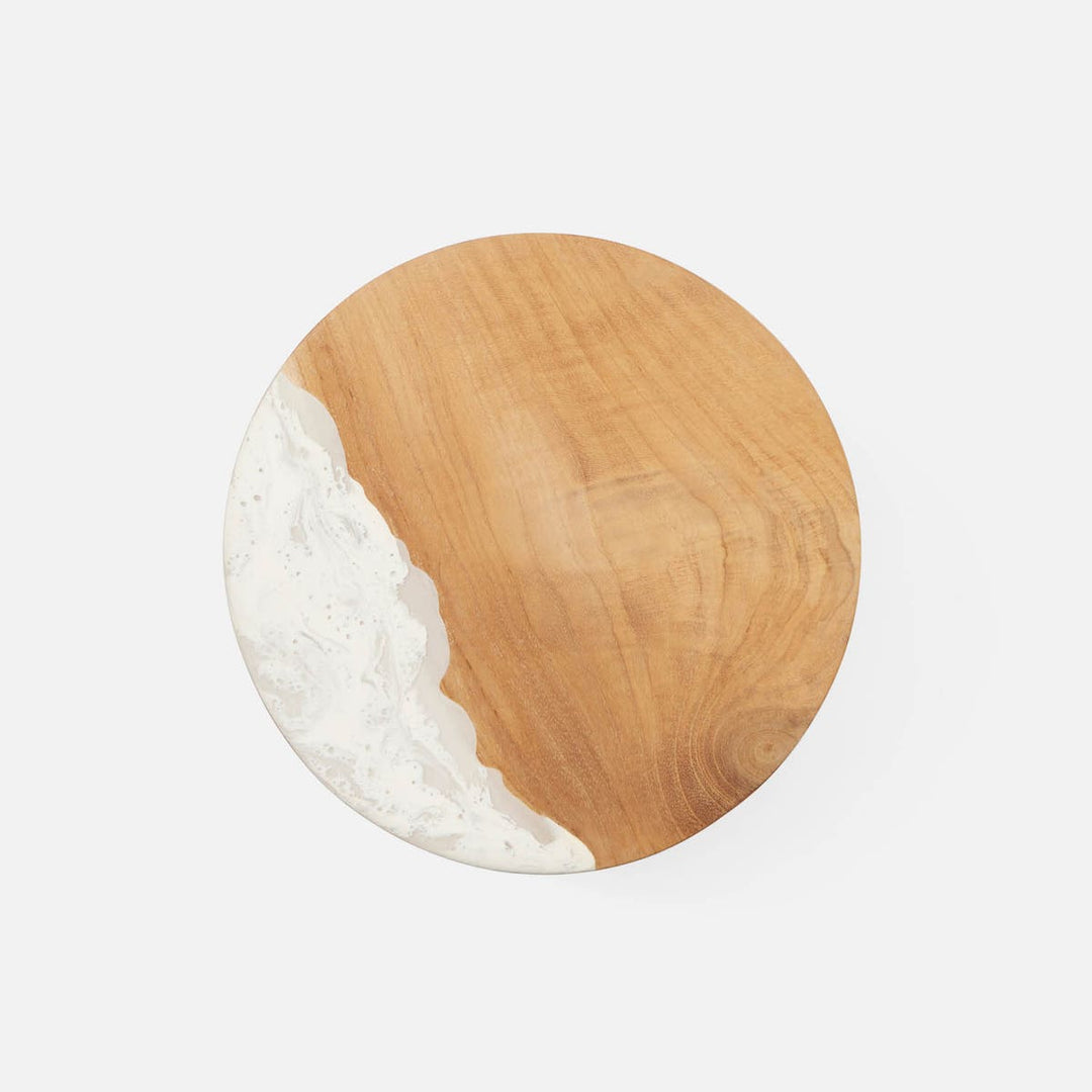 Austin White Swirled Cake Stand Resin/Natural Teak Small