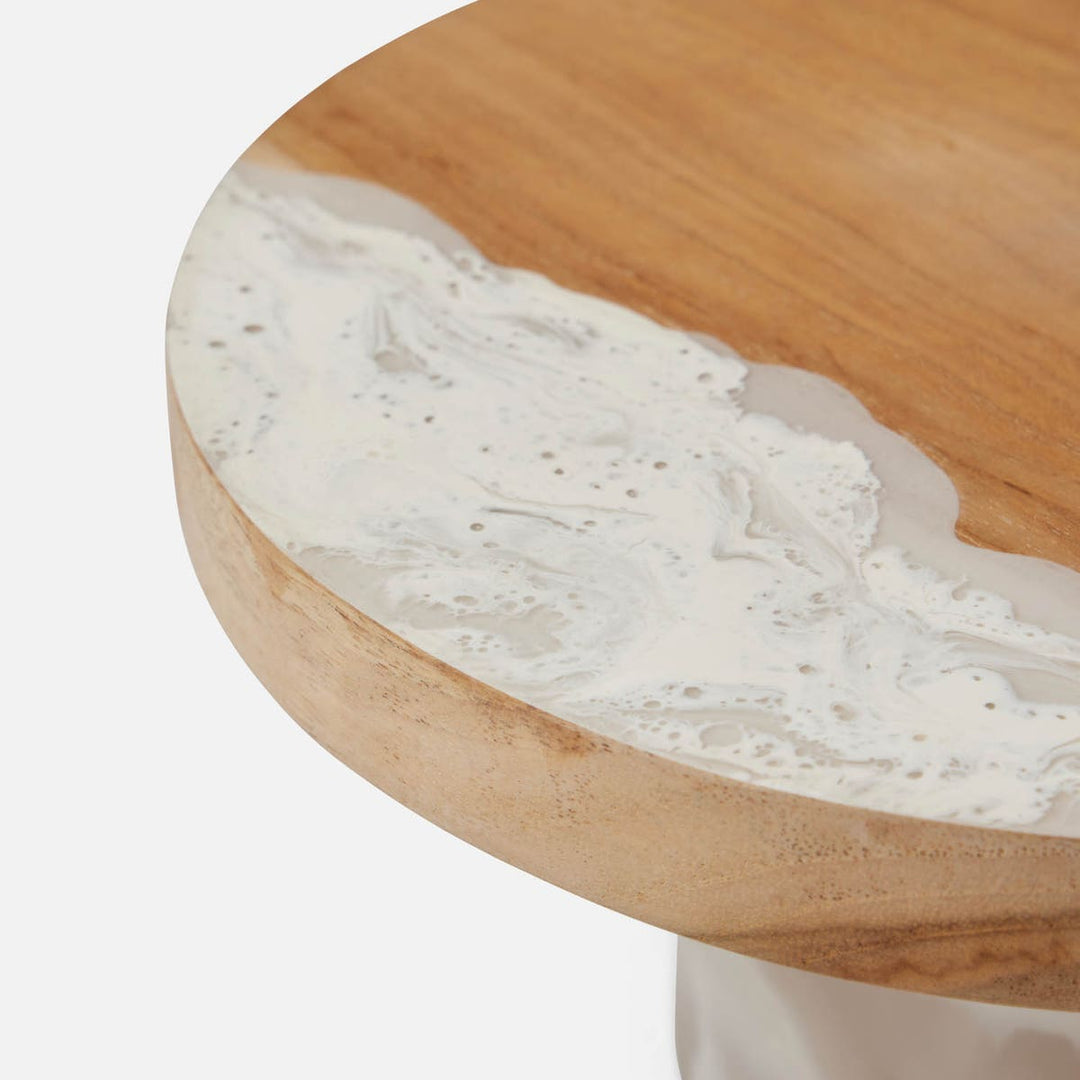 Austin White Swirled Cake Stand Resin/Natural Teak Small