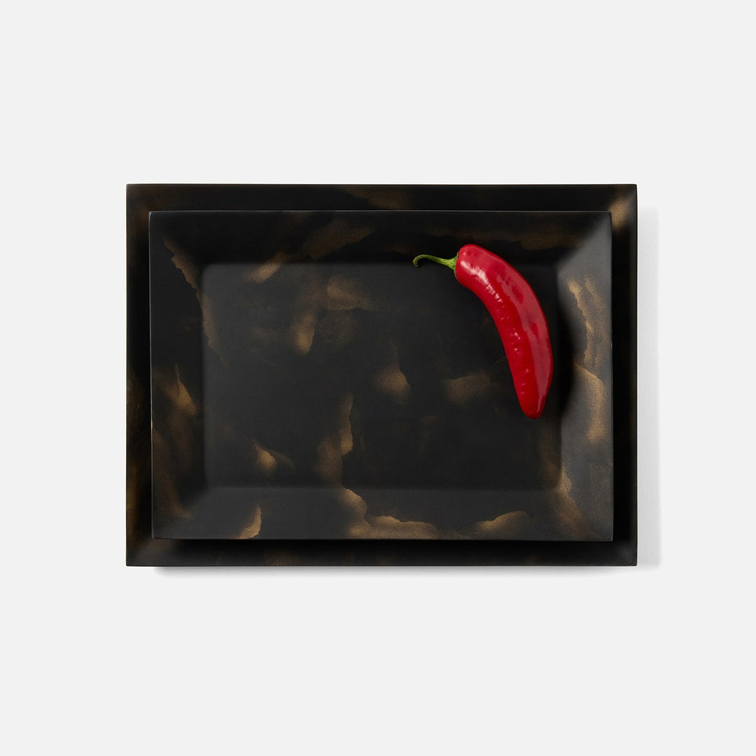 Olena Black/Gold Swirled Rectangular Serving Tray Resin S/2