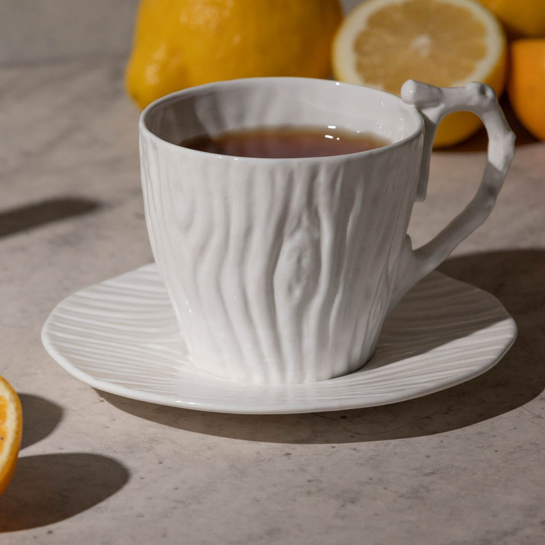 Willa White Faux Bois Cup/Saucer Porcelain Pack/4