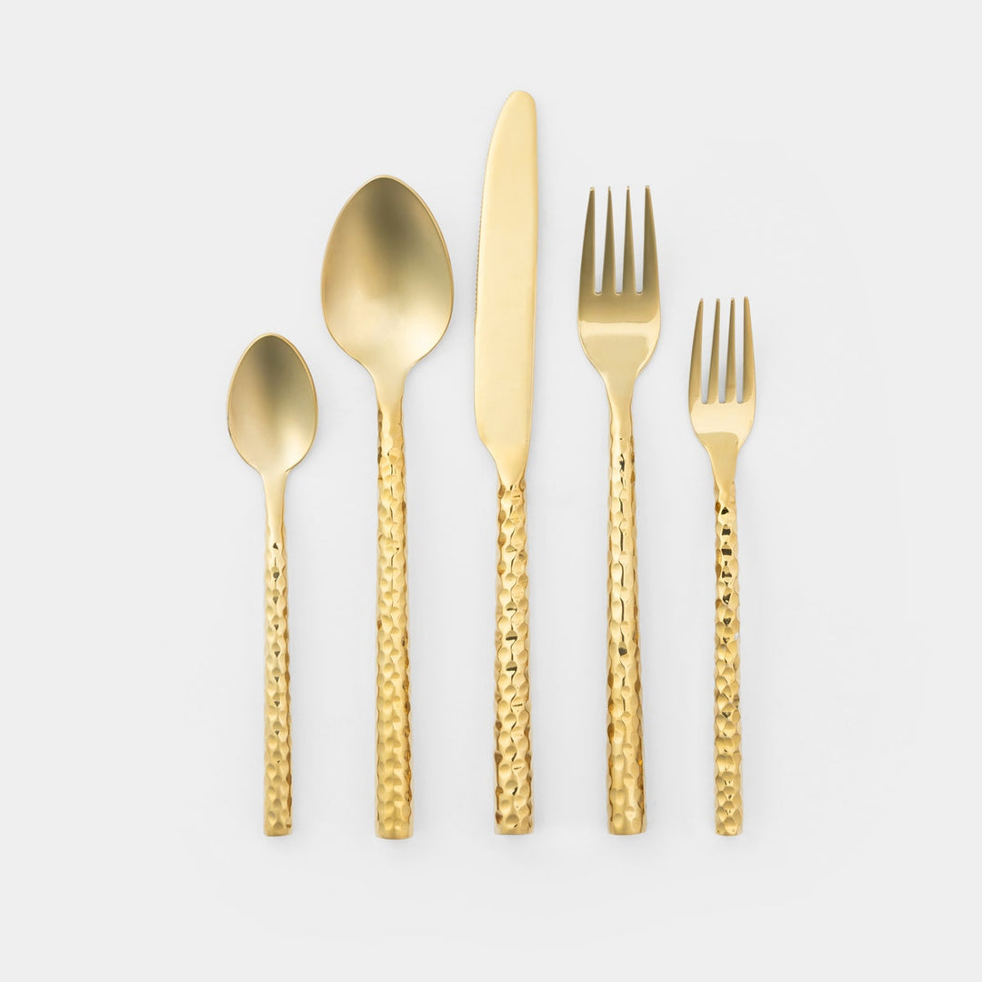 Annella Gold 5-Piece Set: Knife Dinner Fork Salad Fork Soup Spoon Tea Spoon Hammered Stainles