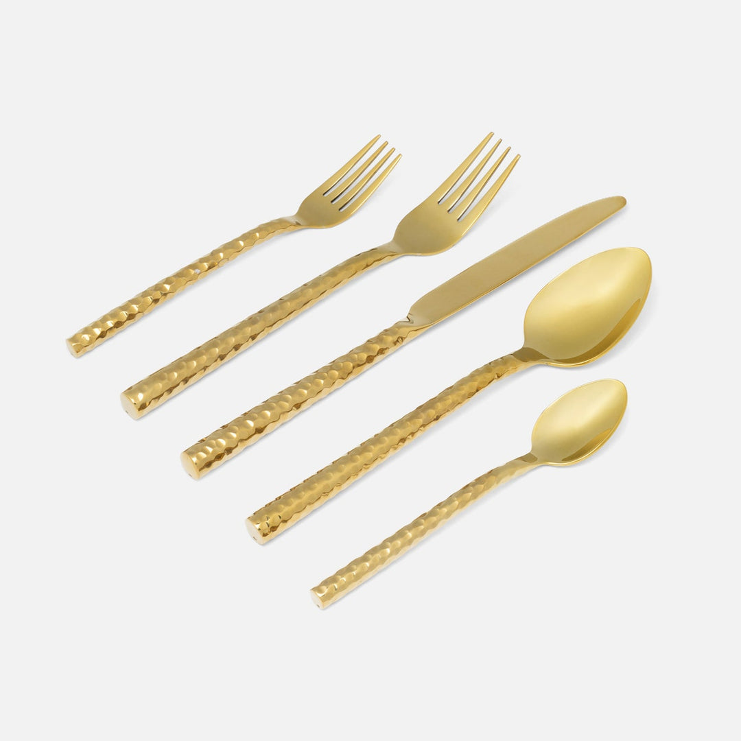 Annella Gold 5-Piece Set: Knife Dinner Fork Salad Fork Soup Spoon Tea Spoon Hammered Stainles