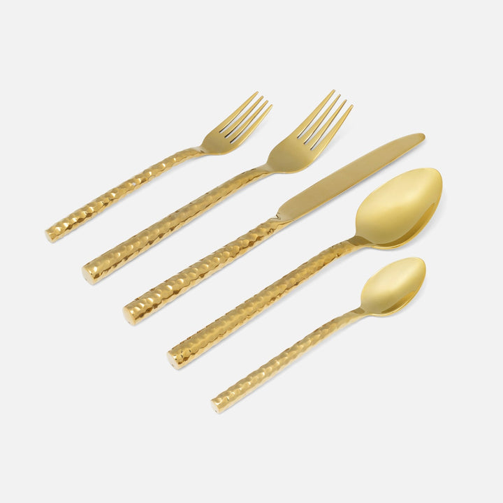 Annella Gold 5-Piece Set: Knife Dinner Fork Salad Fork Soup Spoon Tea Spoon Hammered Stainles