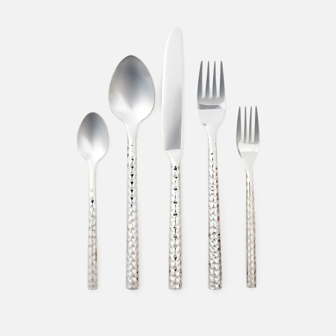 Annella Silver 5-Piece Set: Knife Dinner Fork Salad Fork Soup Spoon Tea Spoon Hammered Stainl