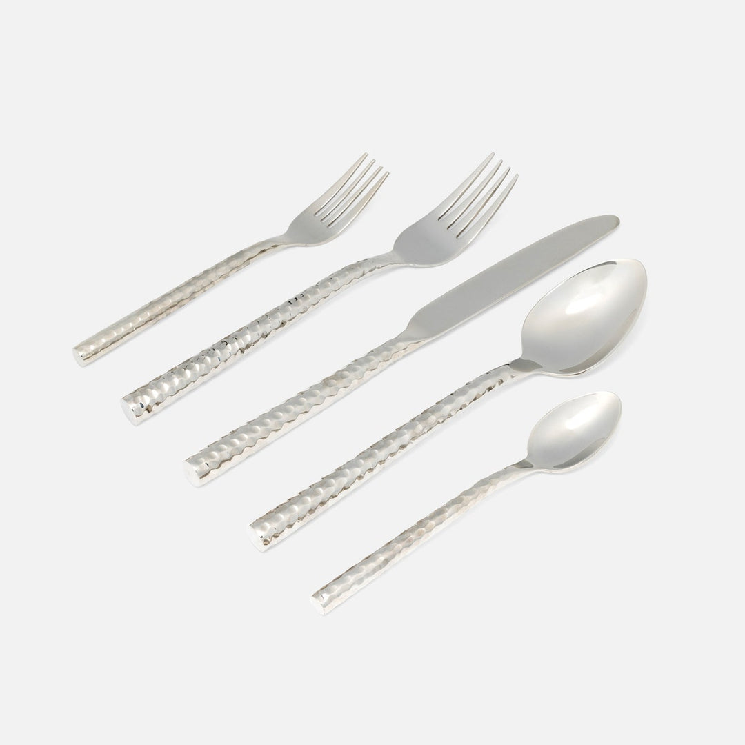 Annella Silver 5-Piece Set: Knife Dinner Fork Salad Fork Soup Spoon Tea Spoon Hammered Stainl